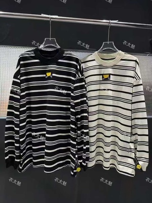 2025冬季新款笑脸图案装饰条纹中长款宽松长袖圆领T恤衫女装大衫