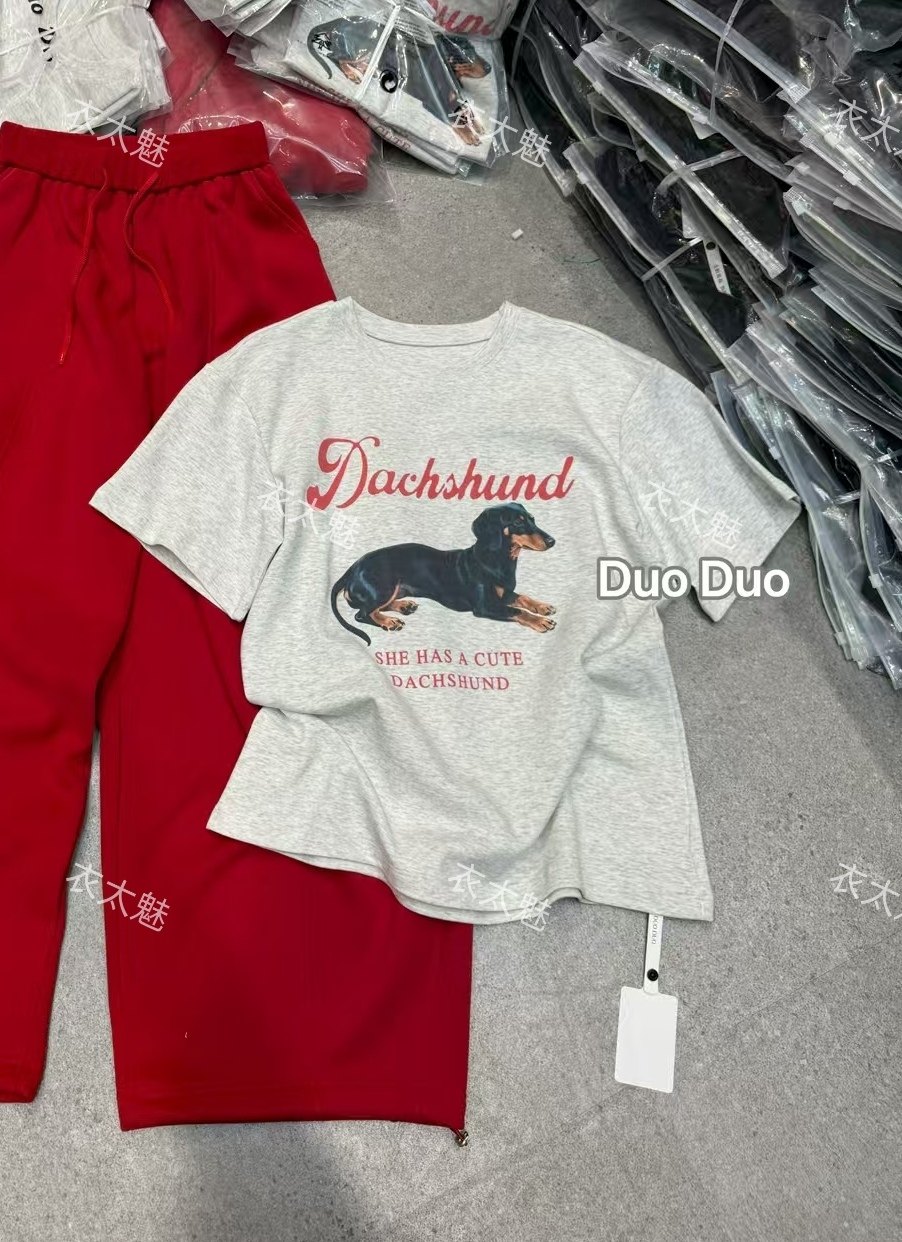 美式早春复古纯棉腊肠狗短袖新款正肩显瘦修身印花宽松辣妹上衣