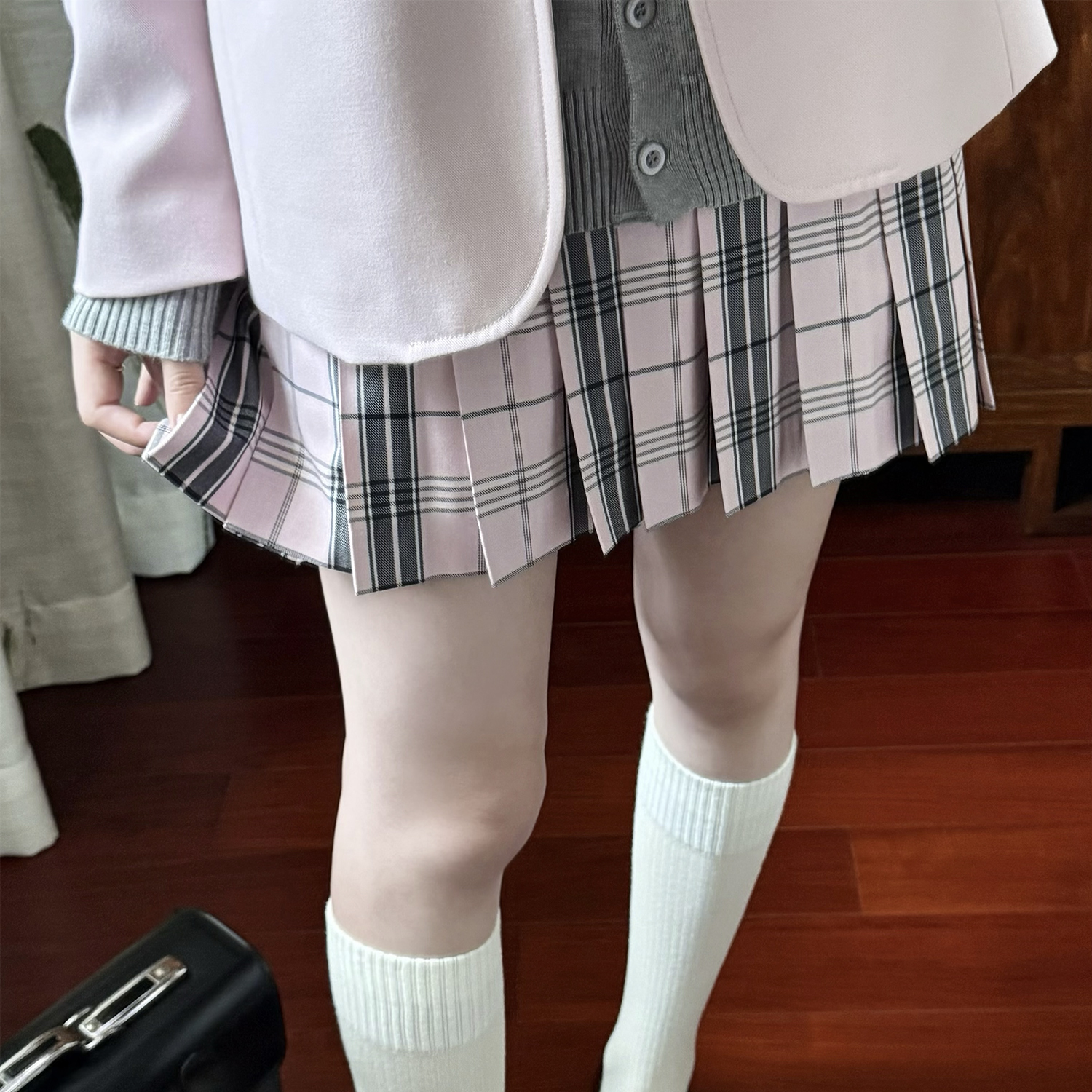 花千猪新品 花见格裙  jk制服校供感a字型百褶裙粉格百搭款jk裙