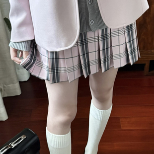 花千猪新品 花见格裙  jk制服校供感a字型百褶裙粉格百搭款jk裙