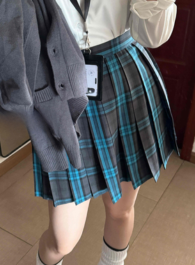 花千猪新品 松岛格裙  jk制服校供感a字型百褶裙蓝绿格百搭款jk裙