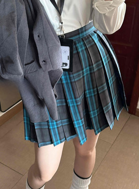 花千猪新品 松岛格裙  jk制服校供感a字型百褶裙蓝绿格百搭款jk裙