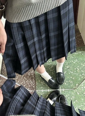 花千猪原创 织雾格裙  jk制服校供感a字型百褶裙深蓝格百搭款jk裙