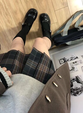 花千猪原创 秋栗高格裙  jk制服校供感a字型百褶裙棕格百搭jk裙