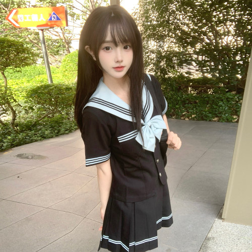 花千猪新品 薄原中水手服 日系学院风水手领百褶裙jk制服短袖套装