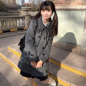 花千猪原创花千猪50羊毛 青森手书大衣 日系学院风jk制服双排扣款翻领呢外套