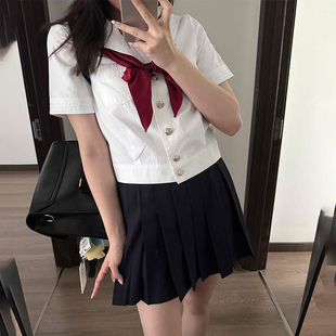 花千猪新品 小白帆水手服 白三本收腰水手领上衣JK制服夏秋款短袖