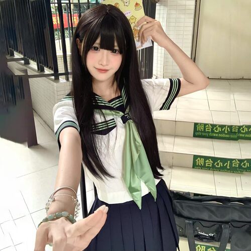 花千猪新品 青幸雨水手服 日系学院风水手领百褶裙jk制服短袖套装