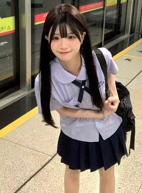 花千猪原创 泰式衬衫 学院风紫色短袖圆领短袖jk制服百搭刺绣上衣