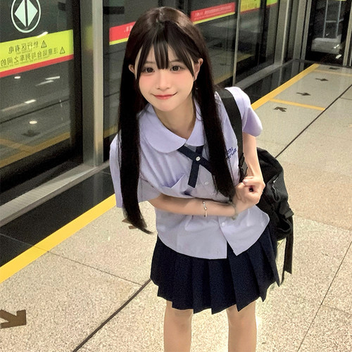 花千猪原创 泰式衬衫 学院风紫色短袖圆领短袖jk制服百搭刺绣上衣