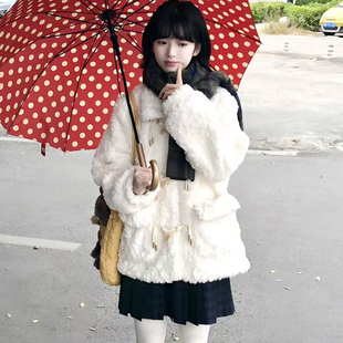 花千猪原创 小稚铃外套 jk制服学院风白色加厚款羊羔毛外套上衣