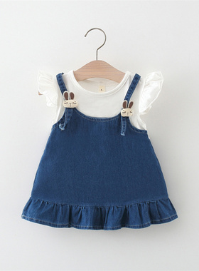 女童夏季牛仔假两件短袖连衣裙2025新款婴儿小宝宝夏装女孩公主裙