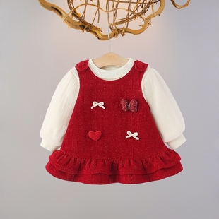 女童秋冬加绒连衣婴儿喜庆红色周岁套装 公主裙 小宝宝新年红色厚款