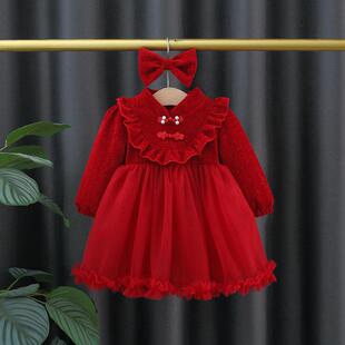 女童秋冬加绒连衣裙2025新款婴儿红色周岁礼服裙子冬季厚款生日裙