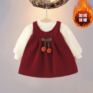 保暖两件套装 厚款 加绒连衣裙婴儿可爱0一4岁小宝宝冬装 女童秋冬季