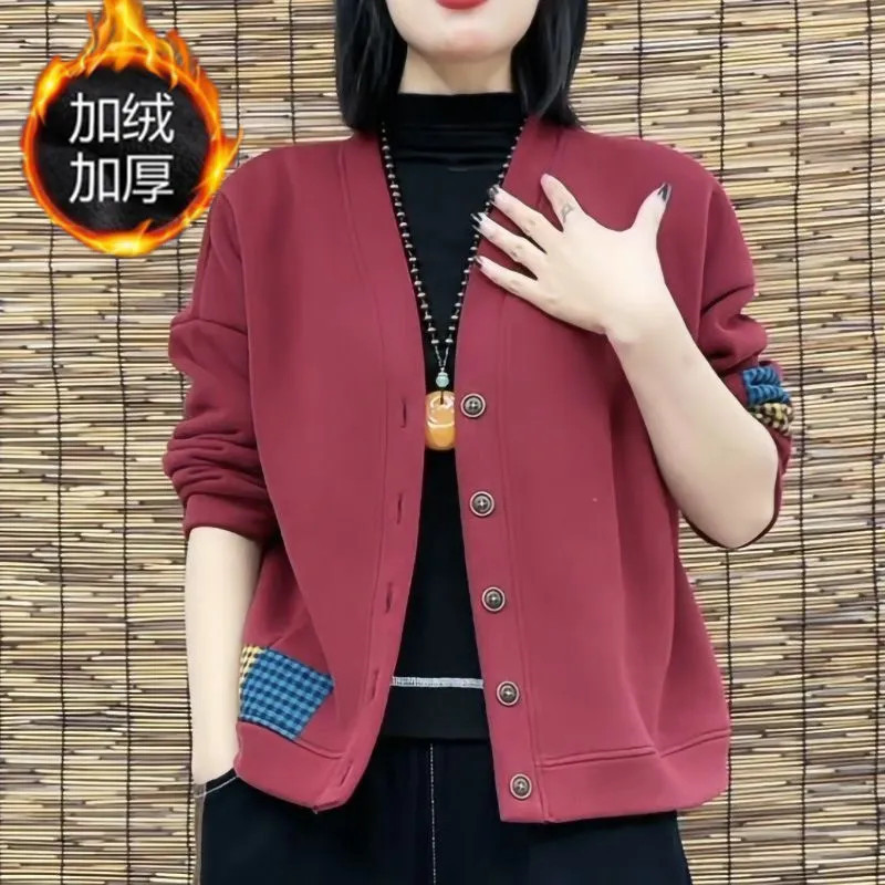 加绒加厚休闲外套女秋冬季新款洋气宽松百搭民族风开衫卫衣外套潮