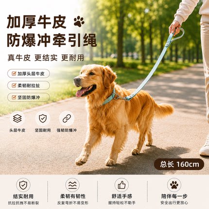 加厚头层牛皮狗牵引绳大型犬防爆冲胸背带宠物牵狗绳耐用