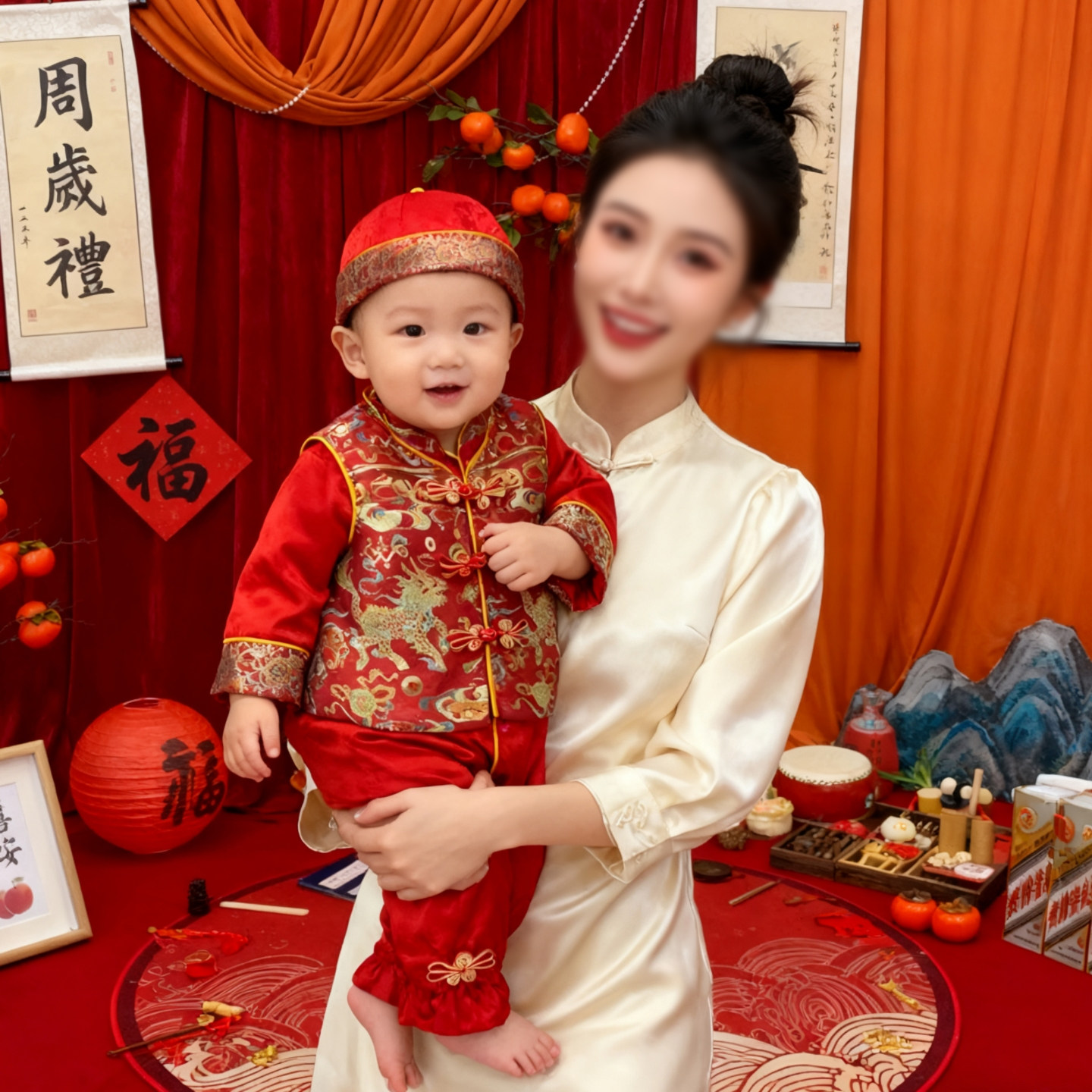 百天宝宝衣服满月晏红色真丝礼服图片