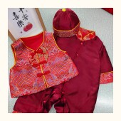婴儿满月服百日宴新中式 包屁衣周岁礼服男宝宝抓周冠衣红色唐装