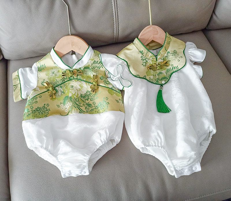 周岁礼服男宝宝夏季绿色真丝薄款