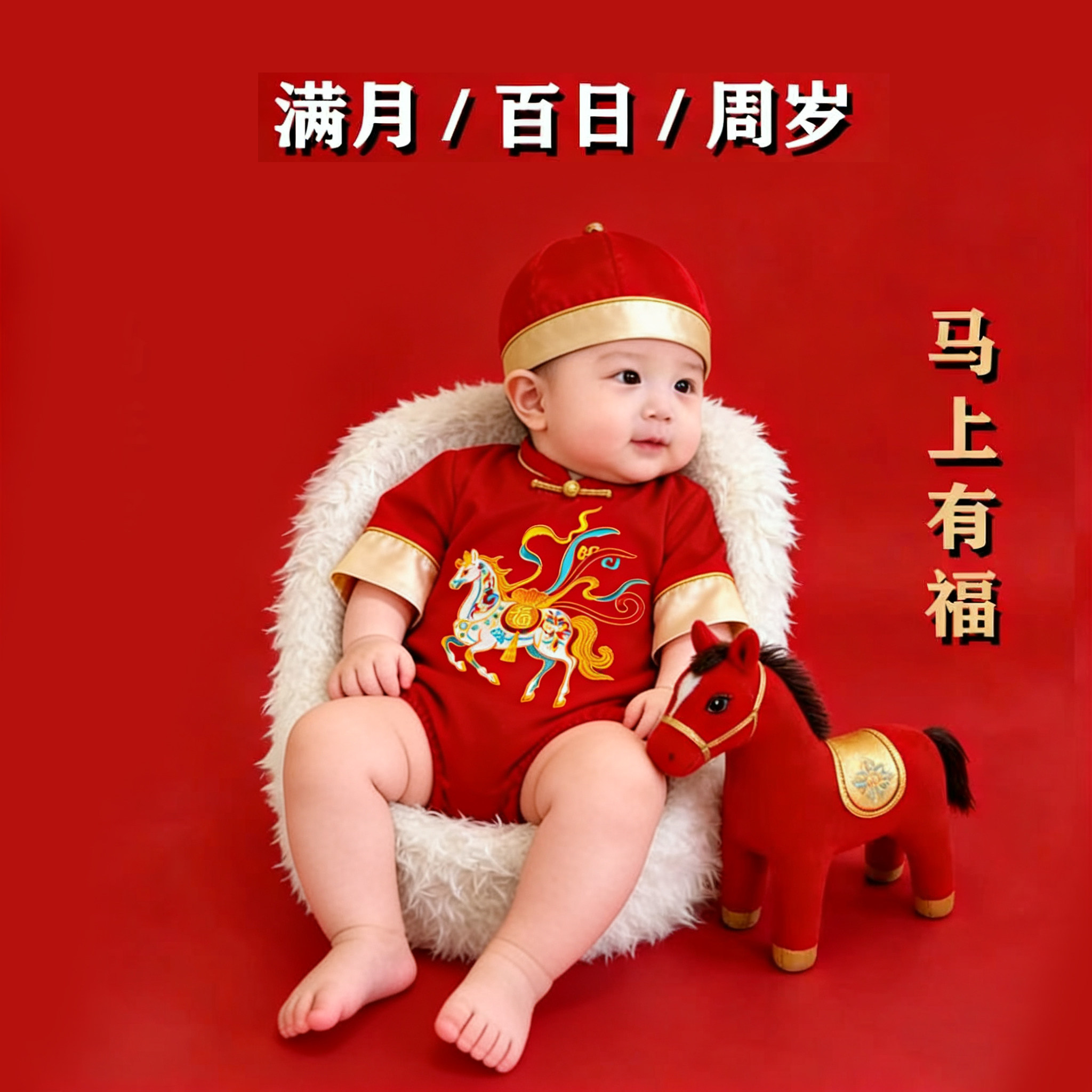 马年满月宝宝衣服婴儿百天宴周岁抓周服春夏季薄款红色礼服