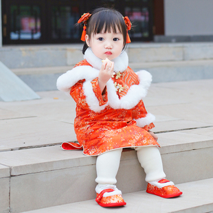 周岁女宝宝礼服冬天加厚套装抓周唐装生日宴拜年衣服高端中式旗袍