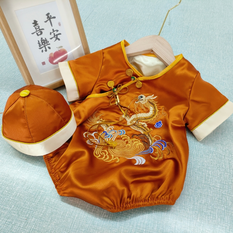周岁礼服男宝宝婴儿百天满月宴新中式金色国风唐装包屁夏季薄款