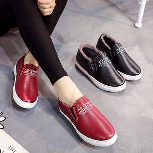 休闲加绒保暖棉鞋女秋冬新款一脚蹬老北京布鞋PU皮面防水平底板鞋