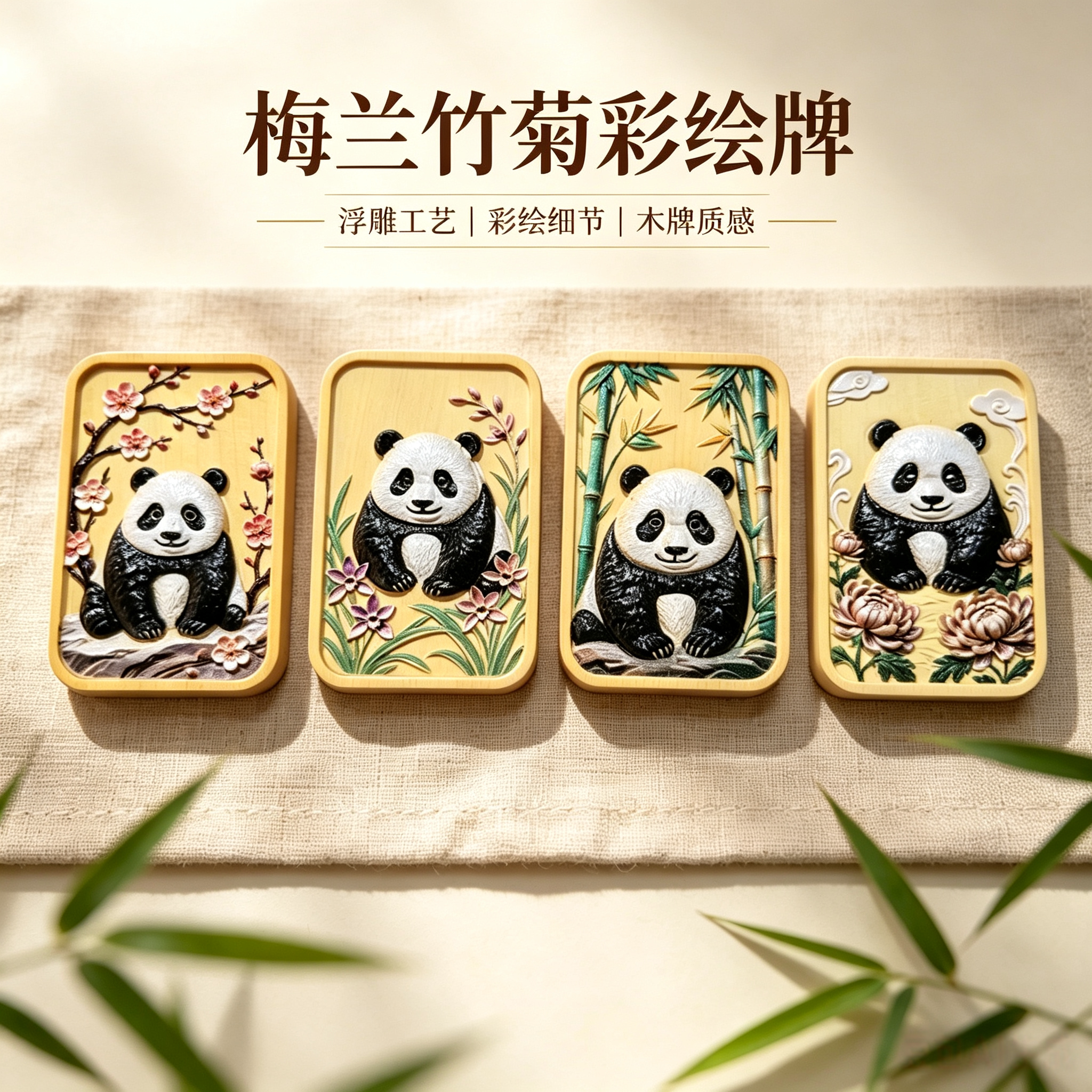 爆款梅兰竹菊四不熊猫雷击枣木紫檀木手工彩绘牌黄杨木461雕刻牌