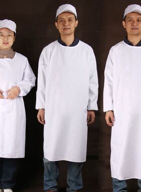 食堂反穿罩衣纯白色长袖围裙棉布厨师工作服夏天薄款透气面店小吃