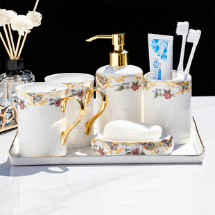 轻奢欧式 结婚卫浴五件套浴室用品牙刷刷牙具卫生间漱口杯洗漱套装