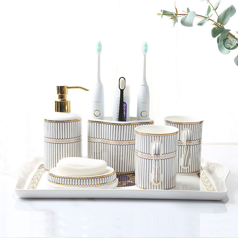 欧式卫浴洗漱用品套装轻奢陶瓷五件套骨瓷卫生间浴室牙刷牙漱口杯