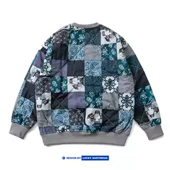 2024 Autumn/Winter New Japanese Retro Drop Shoulder Crew Neck Patchwork Loose Fit Casual Sweatshirt Top for Men and Women