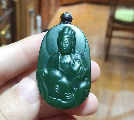 新疆 和田碧玉籽料普贤菩萨挂件吊坠 宝宝锁平安扣xx02083