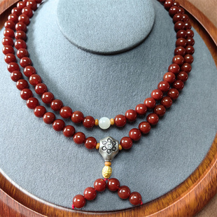 【劳动节福利】红玛瑙108佛珠项链 小石头和田玉手链挂件W