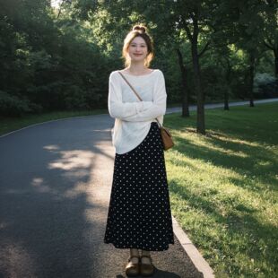 晚秋新款韩系氛围感蝙蝠袖露肩百搭纯色上衣女装时尚波点裙两件套