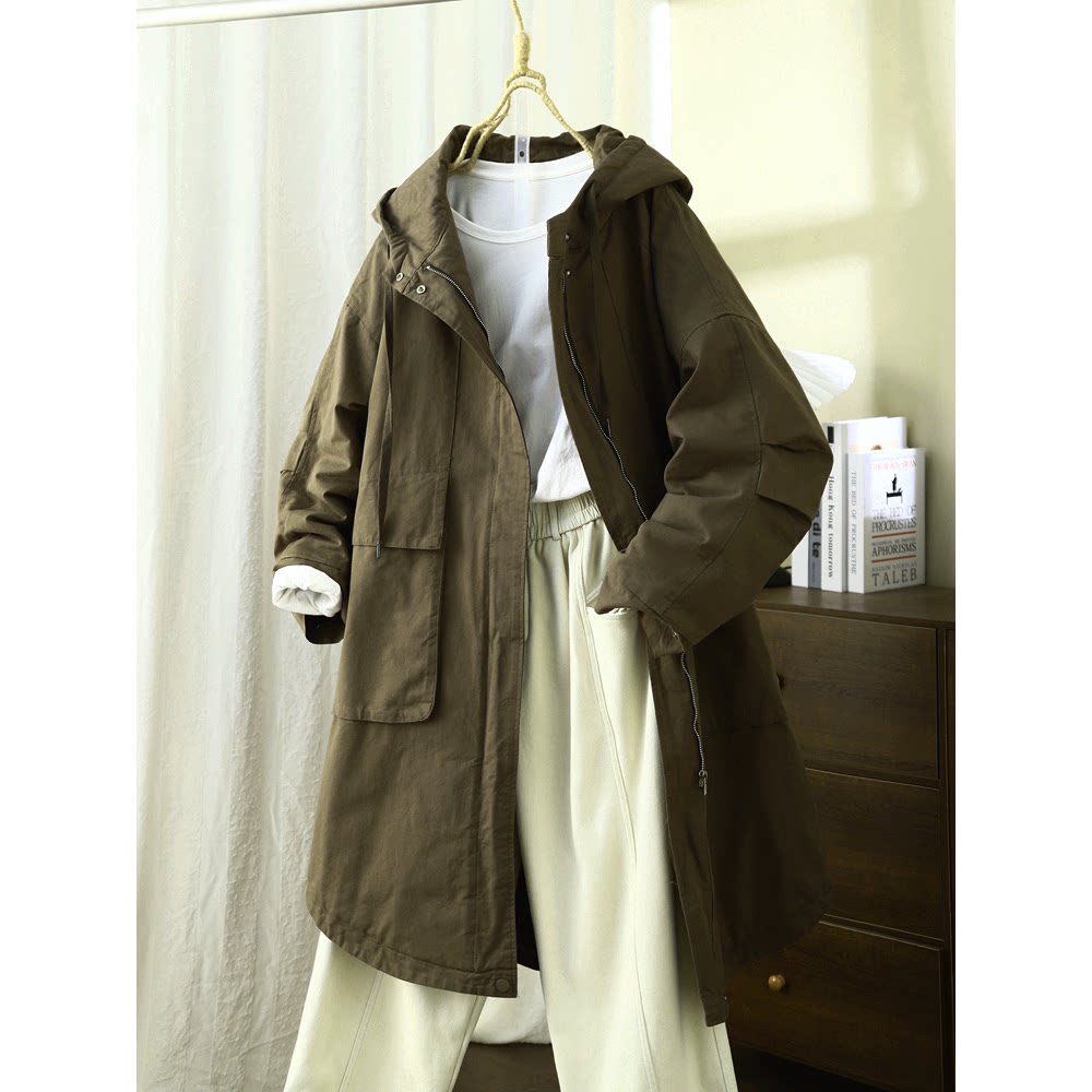休闲宽松百搭中长款棉服女冬季连帽纯棉夹棉派克服长款棉衣