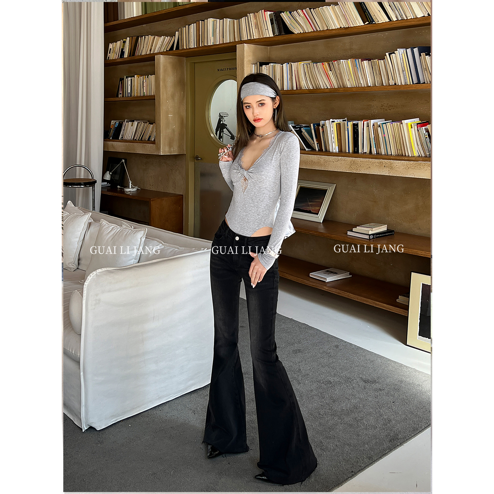 美式复古马蹄牛仔裤女春秋设计感低腰修身显瘦毛边微喇叭阔腿长裤