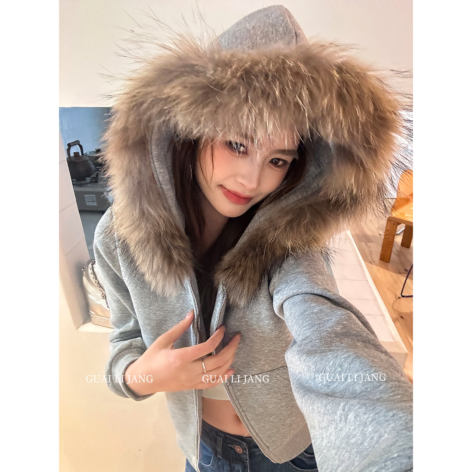 怪力酱美式加绒连帽开衫卫衣