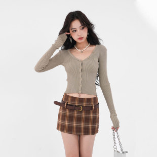春秋美式 收腰显瘦a字格纹一步短裙 复古半身裙小个子高腰辣妹修身
