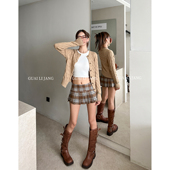 小个子高腰短款 怪力酱 美拉德格子百褶半身裙夏季 JK气质包臀A字裙