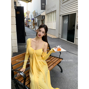 开衫 穿搭长袖 飘带胸垫收腰a字长裙子 纯欲风吊带连衣裙春季 怪力酱