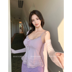 开衫 怪力酱 长袖 女秋季 纯欲吊带蕾丝半身短裙三件套 温柔气质套装