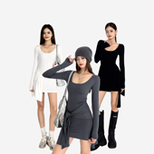 修身 怪力酱 绑带假两件气质连衣裙女春秋辣妹长袖 收腰U领小妈短裙