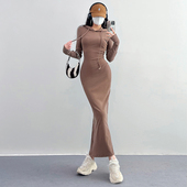 绝美修身 长袖 连衣裙女秋冬显身材紧身性感内搭连帽后妈包臀卫衣裙