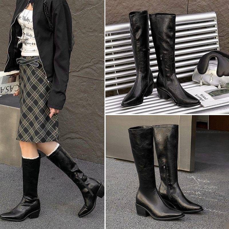 范小络+9cm复古厚底粗跟骑士靴女内增高长筒靴2025秋冬新款高筒靴