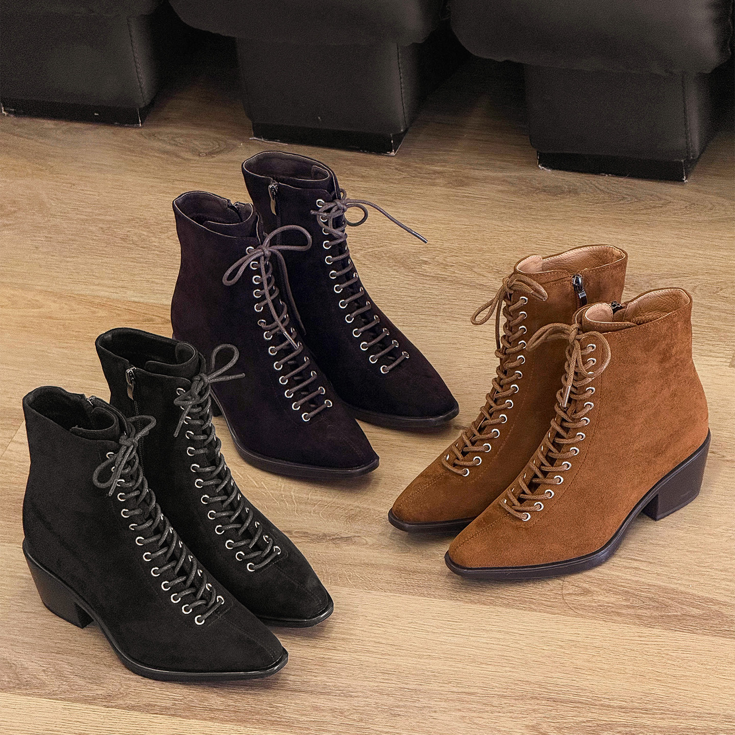 范小络复古粗跟绒面瘦瘦靴