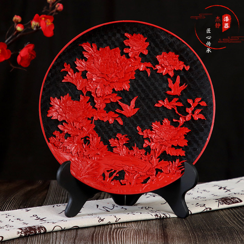 漆线雕摆盘 坐盘装饰盘 雕漆工艺盘 商务送礼品 会议礼品牡丹花卉