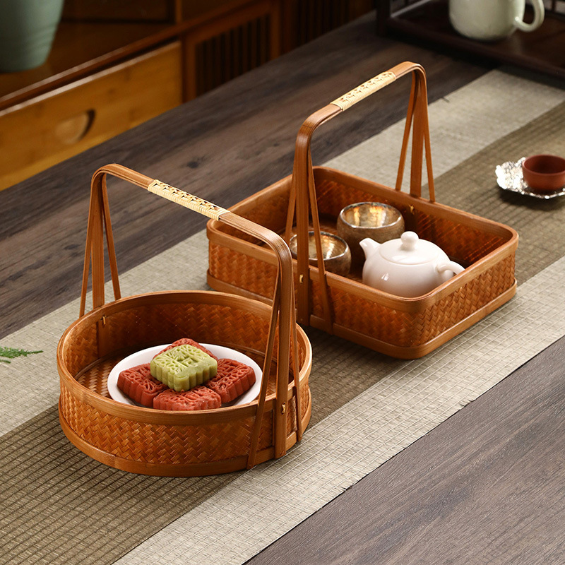 竹编提篮家用篮子桌面水果花篮户外手提采摘篮零食篮复古宫廷