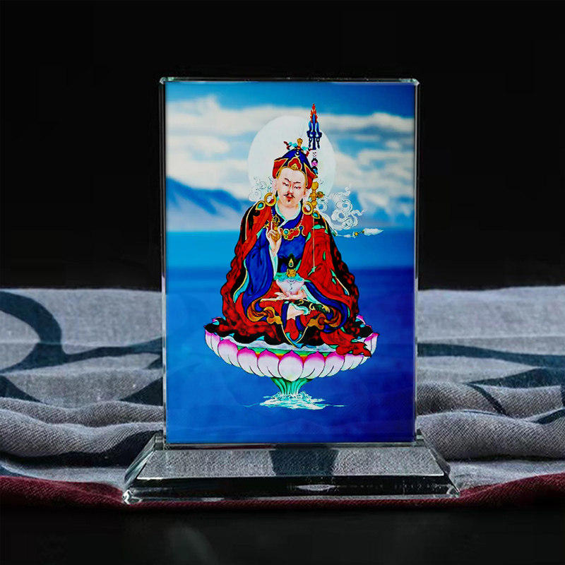 定制莲师唐卡莲花生大士画像水晶玻璃摆件工艺品照片文创礼品礼物